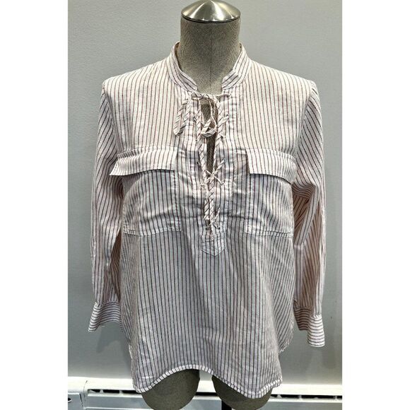 Madewell Terrace Lace-up Shirt in White/Brown Size M - Picture 1 of 5